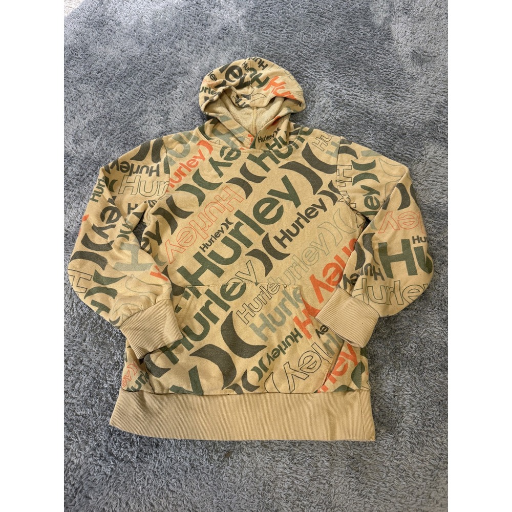 Hurley Boys All Over Logo Hoodie Medium Tan Fleece Lined Skate Surf Sweatshirt